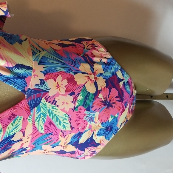 HAUTE PINK & BLUE TROPICAL PRINT LOW PLUNGE ONE PIECE SWIMSUIT - Picture 3 of 6